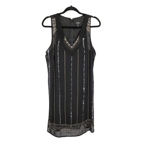 Nicole Miller Retro 20's Flapper Sheer Sleeveless Layered Beaded Dress Blk Sz XL - Picture 1 of 8